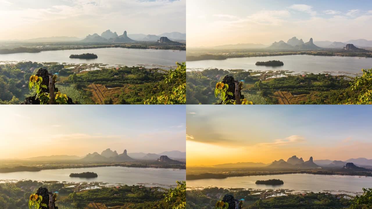 泰国华富里府Phu Sap Lek日出时的山和湖风景的延时景观