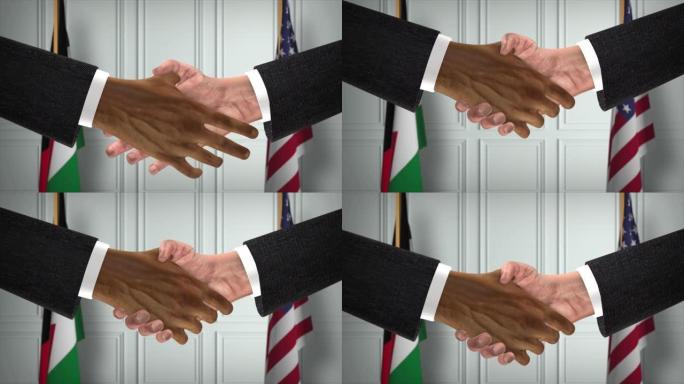 约旦与美国合作商业协议。国家政府旗帜。官方外交握手说明动画。协议商人握手