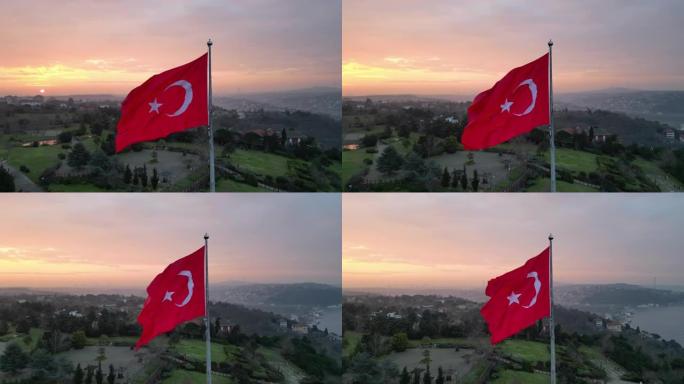 在日出前挥舞的土耳其国旗的鸟瞰图