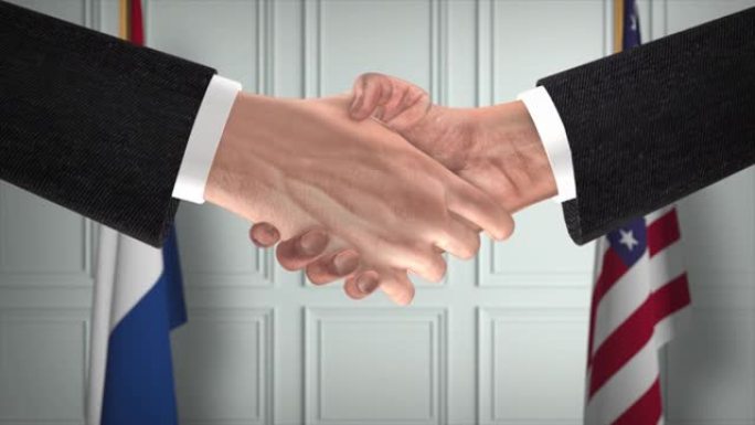 荷兰和美国的合作伙伴业务协议。国家政府旗帜。官方外交握手说明动画。协议商人握手