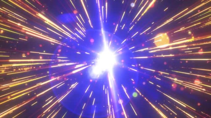 抽象的蓝黄色飞星在太空中明亮地发光，粒子和神奇的能量线在开放空间的隧道中与太阳光线。摘要背景。高质量