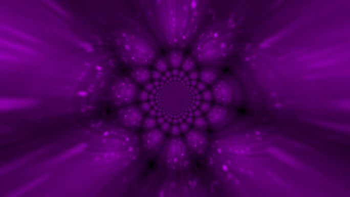 4k紫色抽象盛开的花朵状波浪图案。飞行散焦粒子。光学光束动画。具有万花筒形链的圆形曼陀罗。bokeh