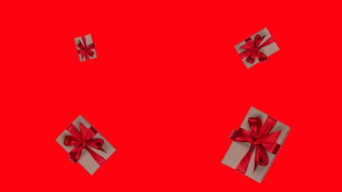 在红色背景上带有红色蝴蝶结的旋转和接近礼品盒的动画，情人节或其他假期的概念