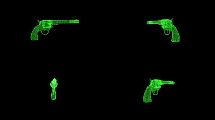 3D绿色武器在黑色背景上旋转。由闪烁粒子组成的物体60 FPS。科学教程概念。标志、标题、演示文稿的