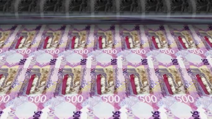 卡塔尔，卡塔尔里亚尔印刷机打印出当前500里亚尔钞票，无缝循环，卡塔尔货币背景，4K，聚焦深度Smo