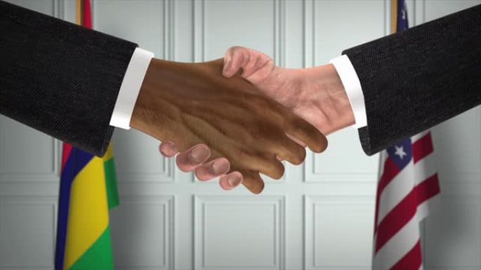 毛里求斯和美国的合作伙伴商业协议。国家政府旗帜。官方外交握手说明动画。协议商人握手