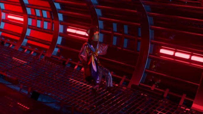 抽象概念。穿着闪亮长袍的猴子在红色霓虹灯隧道中徘徊。地板上的格子。无缝循环的3d动画