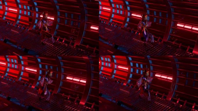 抽象概念。穿着闪亮长袍的猴子在红色霓虹灯隧道中徘徊。地板上的格子。无缝循环的3d动画