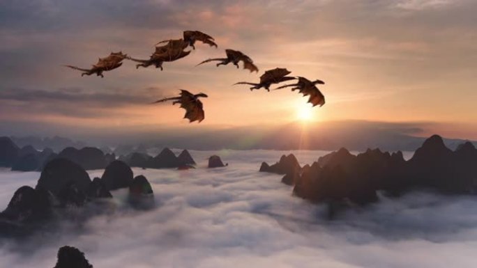 日出时，一群龙飞过起伏的云层