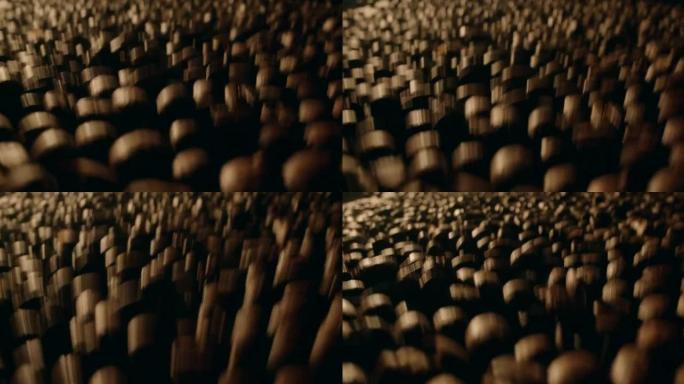 咖啡豆投掷的宏观镜头。慢动作摄像机移动。