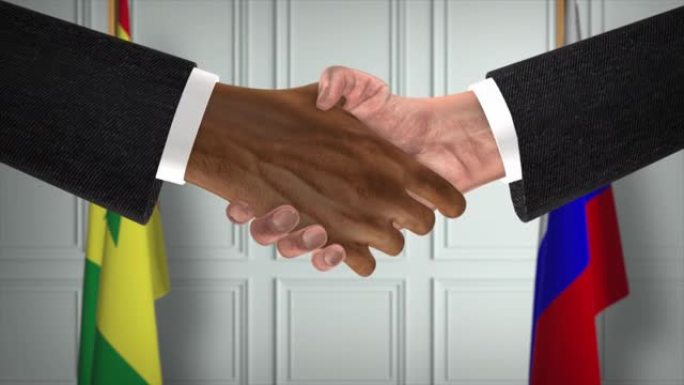 塞内加尔与俄罗斯握手，政治说明。正式会议或合作，商务见面。商人和政客握手