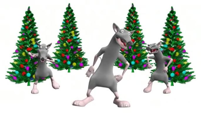 跳舞的老鼠和圣诞树。逼真的专业3D动画。