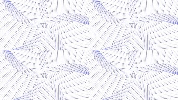 白色背景循环上的蓝色纤细自旋五角星简单扁平几何。星光灿烂的旋转电波无尽的创意动画。旋转星星无缝运动图