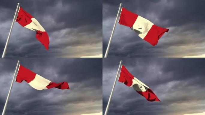 在冰雹预报背景下，秘鲁国旗在浓重的日落云上挥舞