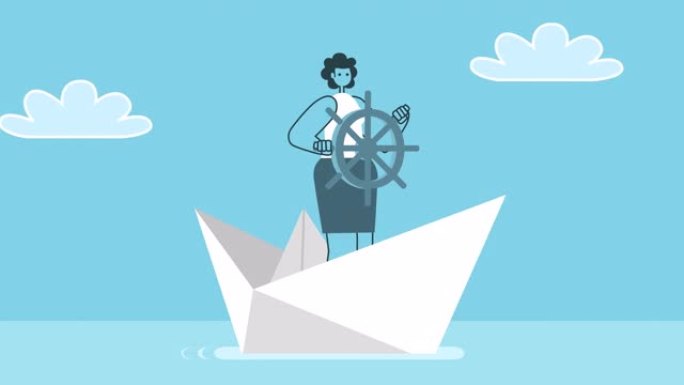 纸船掌舵的卡通女人。平面设计2d字符孤立循环动画与阿尔法通道
