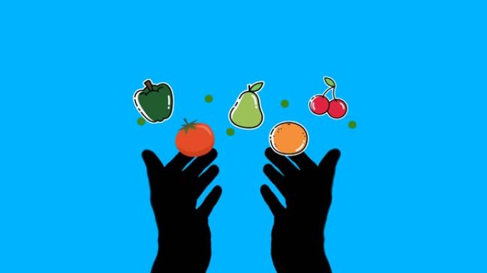蓝色背景上漂浮在双手剪影上的多个水果和蔬菜图标