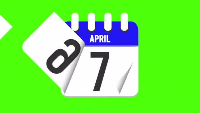 4月9日。日历出现，页面下降到4月9日。绿色背景，色度键 (4k循环)