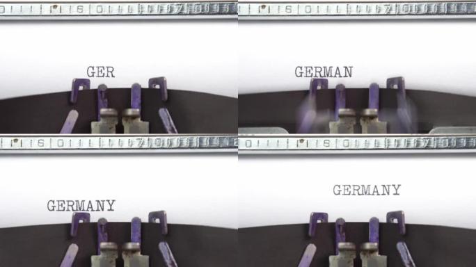 德国文字特写正在打字，并以老式打字机机械的一张纸上为中心