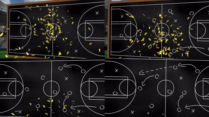 篮球场背景下的五彩纸屑掉落动画与运动战术