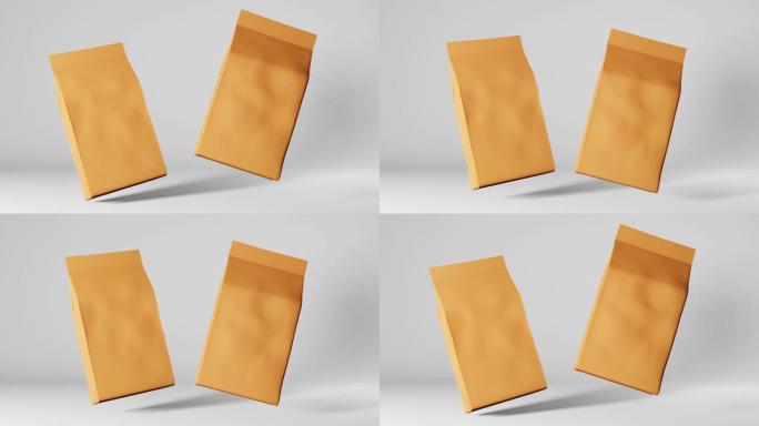 纸袋袋咖啡豆品牌浮动3D动画循环4K。商品包促销设计。空白食品零食产品牛皮纸包装广告模板商店送货销售