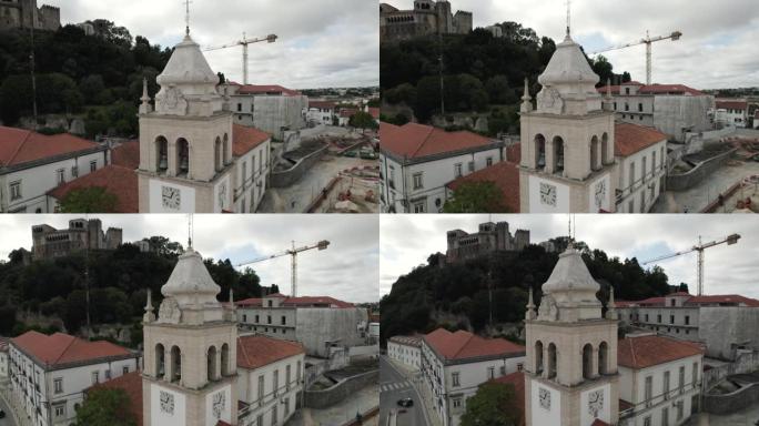 钟楼无人驾驶飞机在莱里亚的葡萄牙教堂关闭，轨道射击