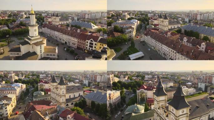 伊凡诺-弗兰科夫斯克市历史中心的鸟瞰图，采用古老的欧洲建筑