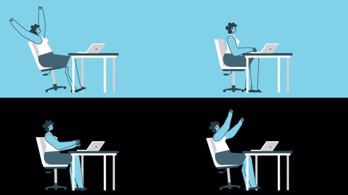 坐在笔记本电脑前，卡通女人伸着胳膊打哈欠。平面设计2d角色循环动画与阿尔法通道