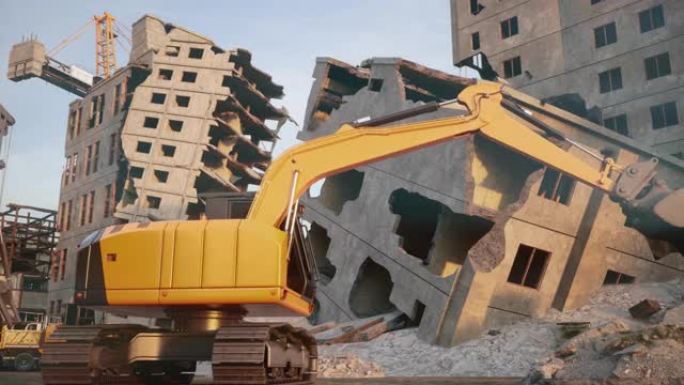 军事袭击后，重型建筑机械清理多层城市建筑的瓦砾和碎片的特写镜头