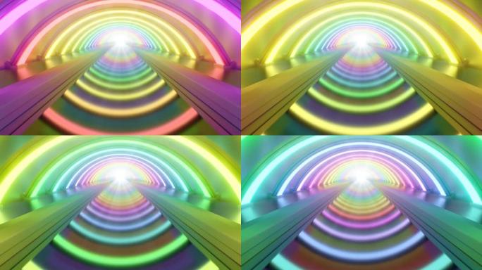 地下锐舞明亮彩虹霓虹灯发光隧道反射-4k无缝VJ循环运动背景动画
