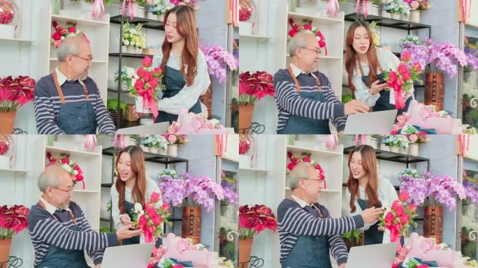 亚洲老年男老板和年轻女员工在花店工作愉快。