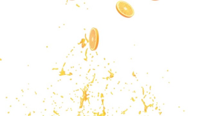 3D动画用阿尔法伴侣慢动作将橙汁倒在新鲜橙片上