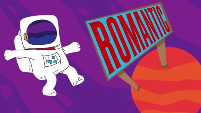 宇航员漂流在带有浪漫广告牌的红色星球附近。