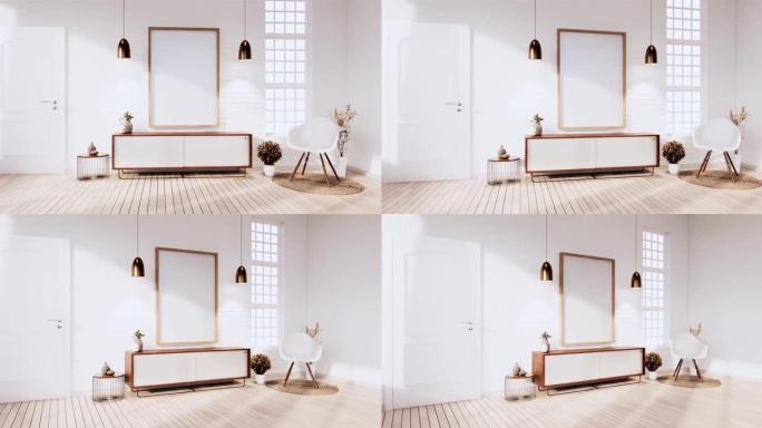 阁楼室内白色砖墙房间的电视柜最小设计，3d渲染