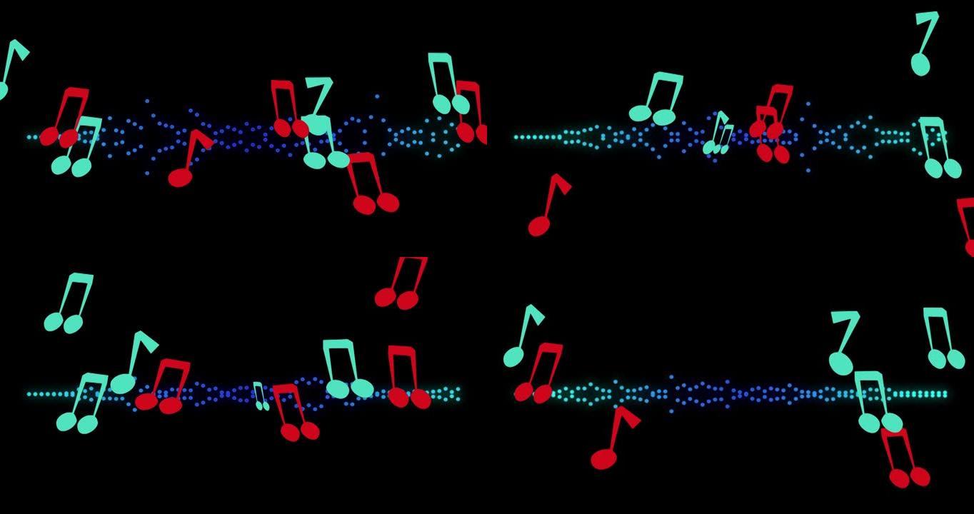 黑色背景上落下彩色音符的动画