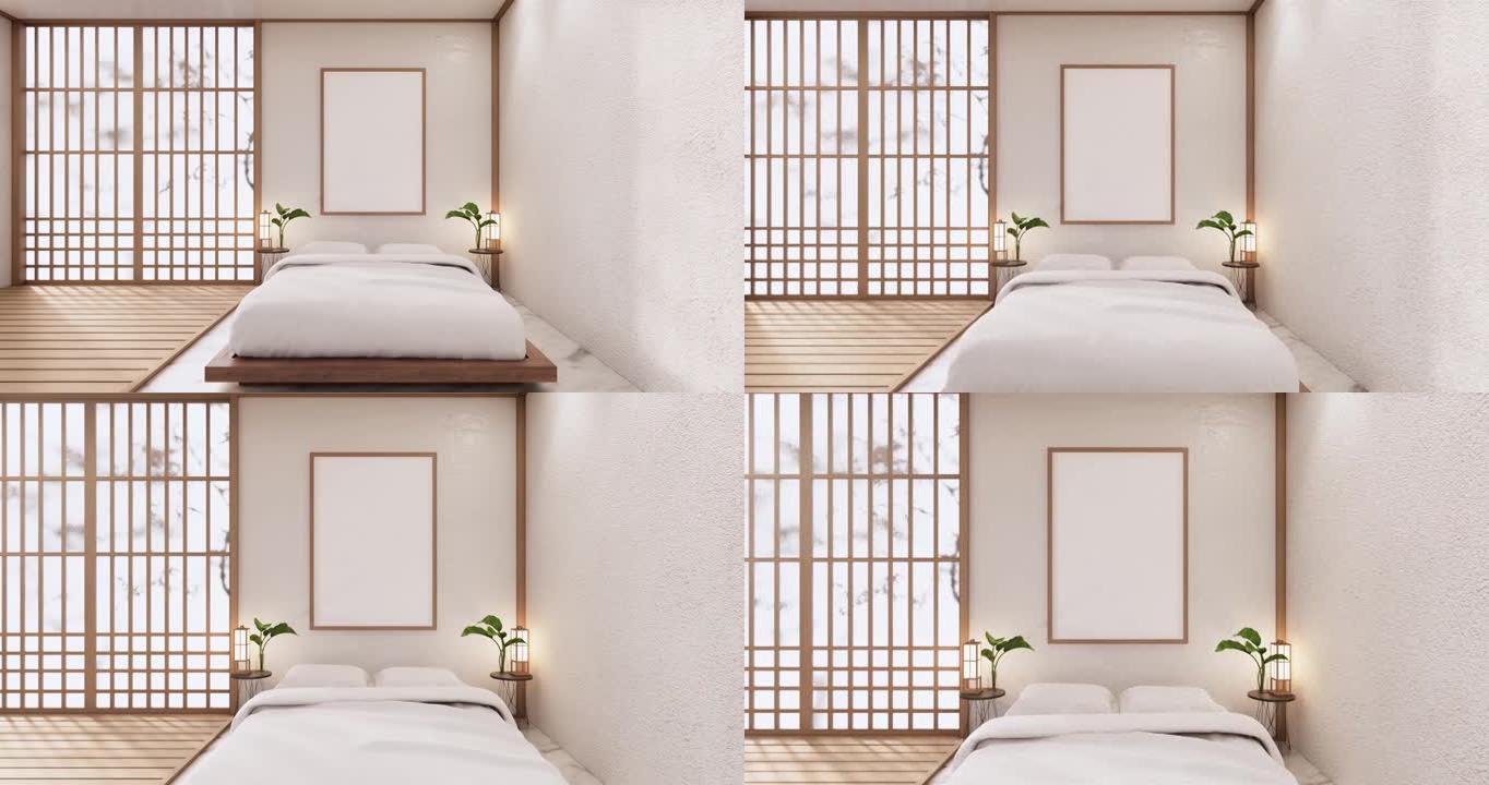 卧室，日本简约风格。3d渲染
