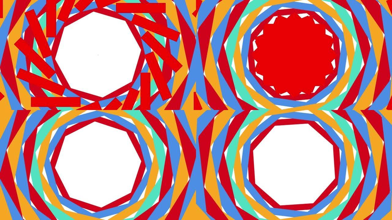 白色背景上的红色移动形状和彩色圆圈的动画