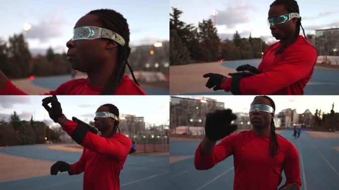 运动员在赛道上，数据来自虚拟现实眼镜-metaverse的赛车模拟器-