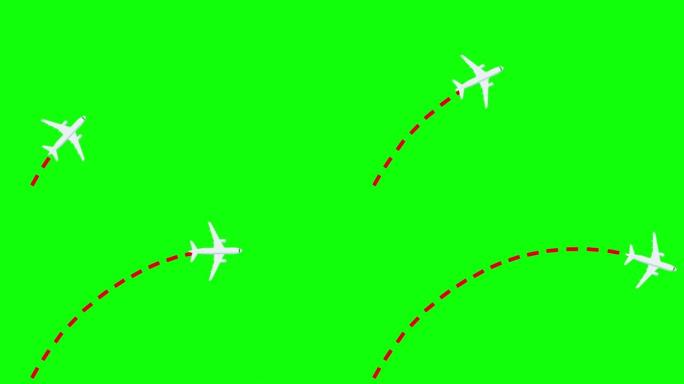 飞机在绿屏上飞行，留下虚线路径模板