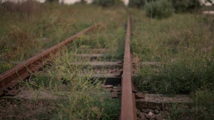 草地上一条废弃的旧铁路。
