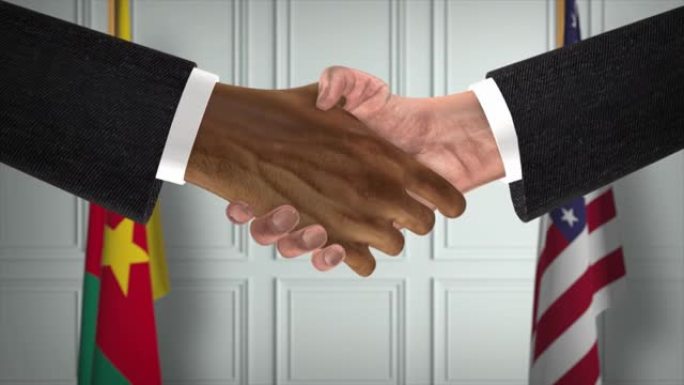 喀麦隆和美国商业伙伴关系协议。国家政府旗帜。官方外交握手说明动画。协议商人握手