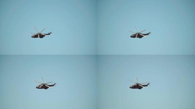 一架执行救援任务的军用直升机在机场上空起飞。高质量的全高清镜头在慢动作