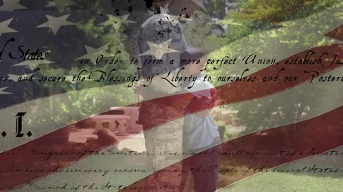 非裔美国男兵拥抱儿子的美国国旗动画