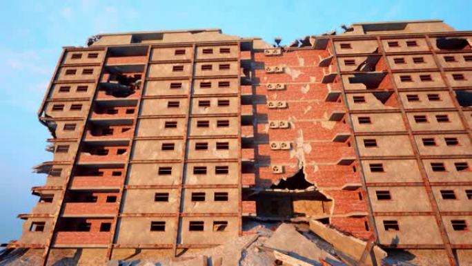 被战争和冲突摧毁的多座红砖住宅公寓楼。