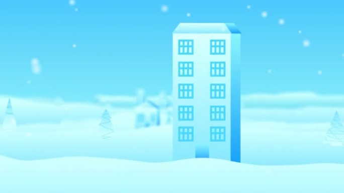 3D蓝色色调的白雪皑皑的冬季城市动画。