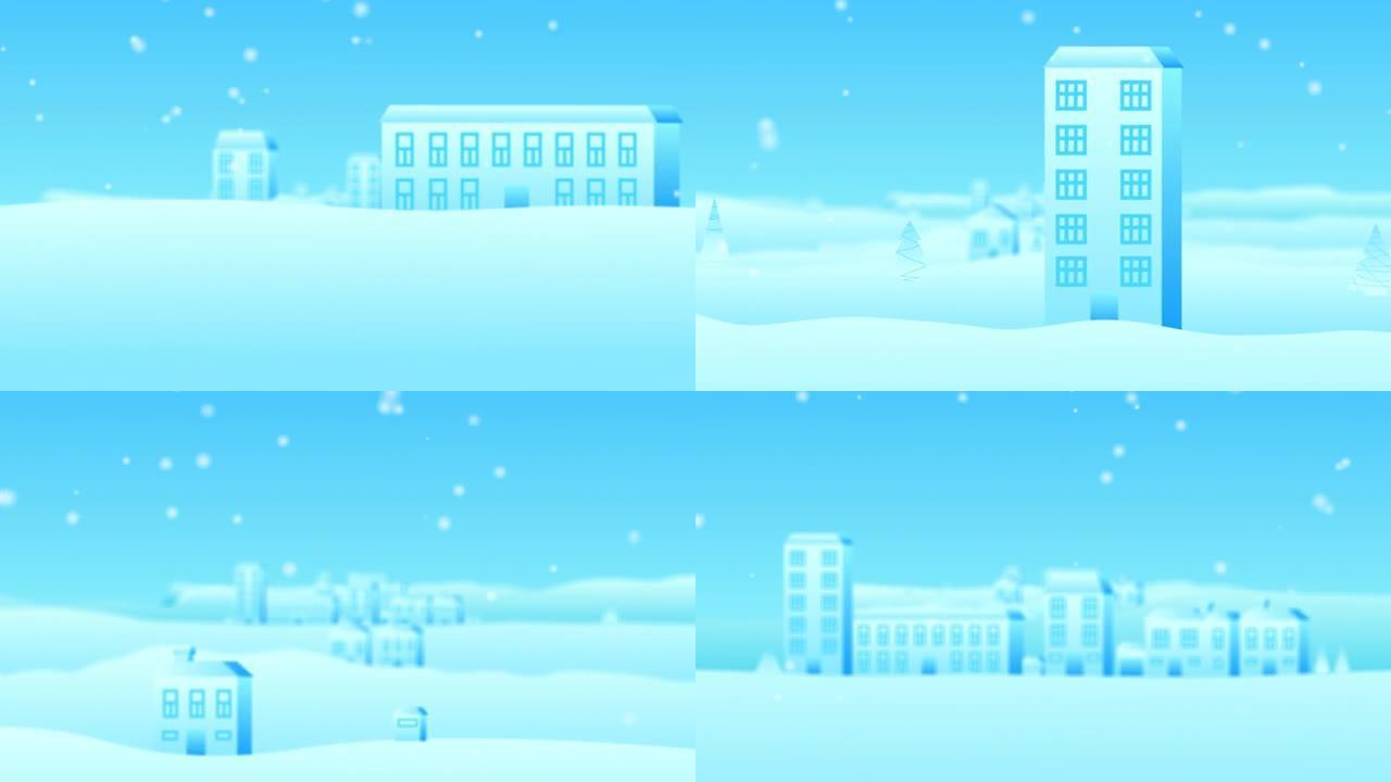 3D蓝色色调的白雪皑皑的冬季城市动画。
