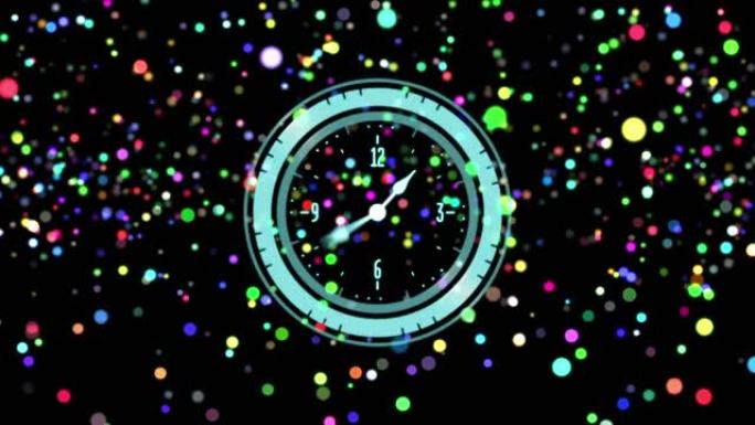 黑色背景上的时钟动画和掉落的彩色斑点