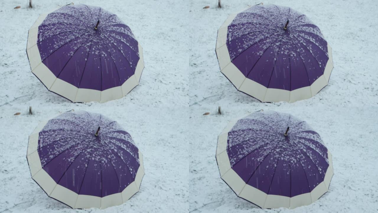 大伞被雪覆盖，延时