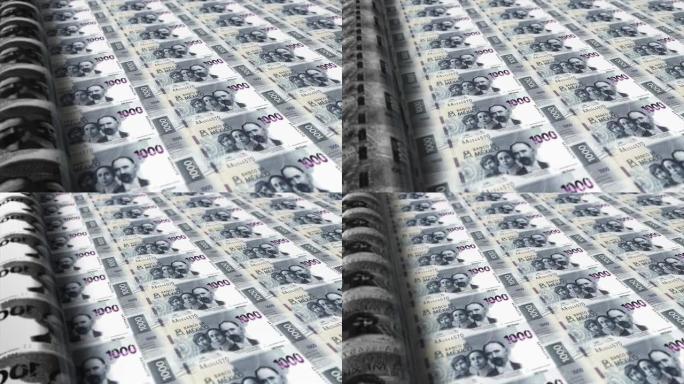 墨西哥，墨西哥比索印刷机打印出当前1000比索钞票，无缝循环，墨西哥货币背景，4K，聚焦深度Smoo