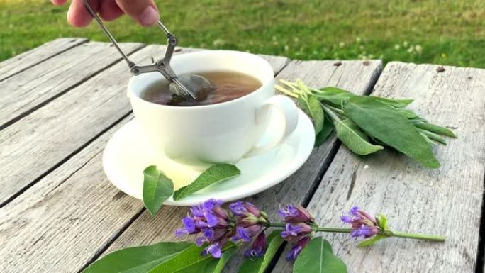 鼠尾草凉茶，丹参。鼠尾草叶和木板上的花。