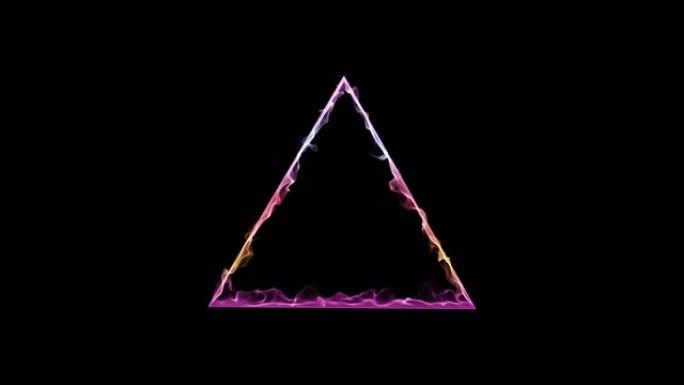 三角形框架。粉红色，紫色和白色的3d三角形由波浪，圆点，颗粒混合而成，孤立在黑色背景上。流动的颗粒。